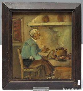 Art: ESCENA INTERIOR DE TIPO POPULAR. OLEO S/ TABLA. FIRMADO Y FECHADO. 1935